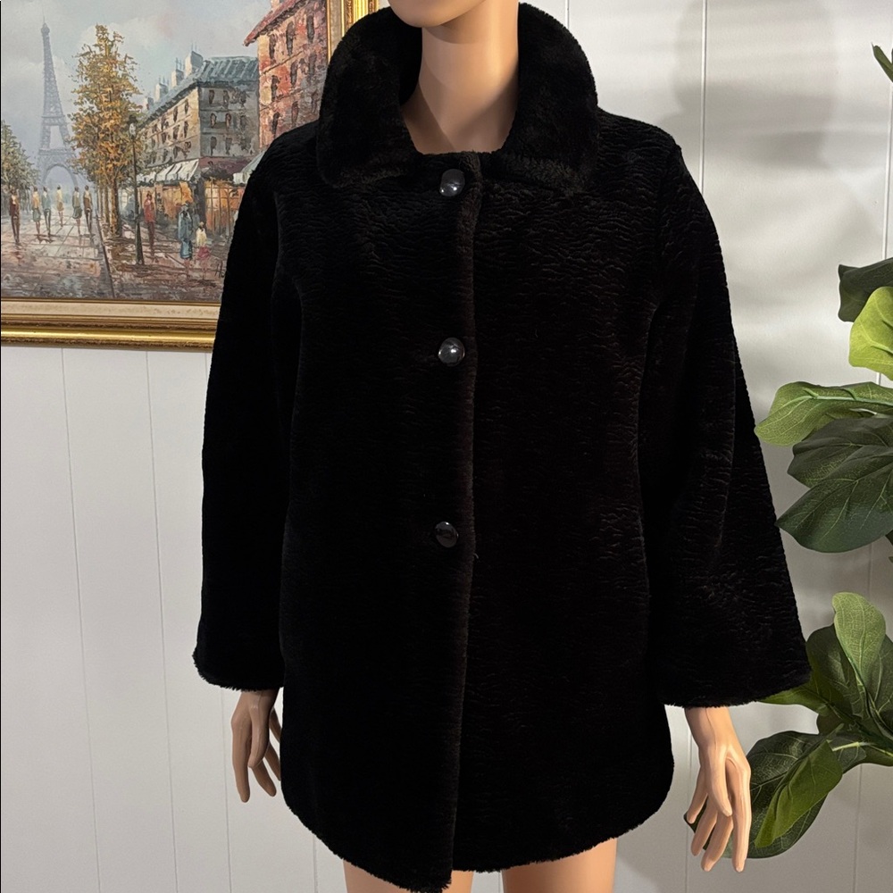 Maria Dionisiou Vintage Oversized Black Faux Fur Coat‎ Size 12